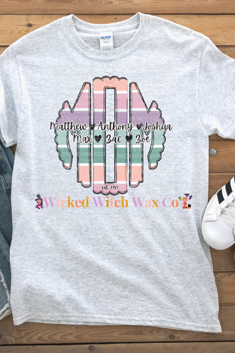 MOM (Pastel Stripe Monogram) w/ Names T-Shirt