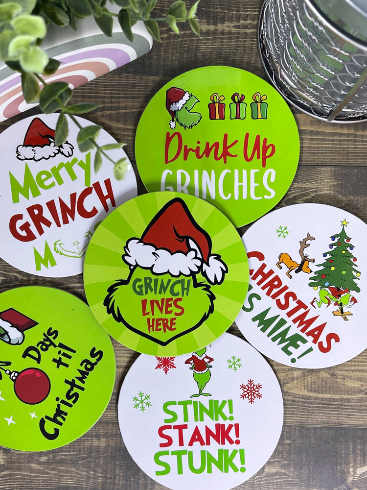 Grinch Drink Coasters with Cork Backing